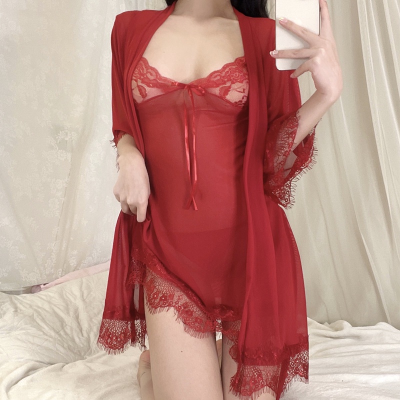 Baju tidur Wanita Lingerie Sexy Hot Kimono Transparan Lengan 3/4 Piyama Dewasa impor 3A270