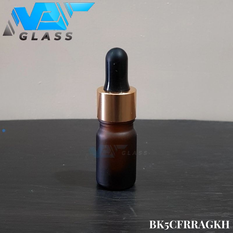 botol kaca pipet 5ml coklat amber doff / frosted - ring almunium gold