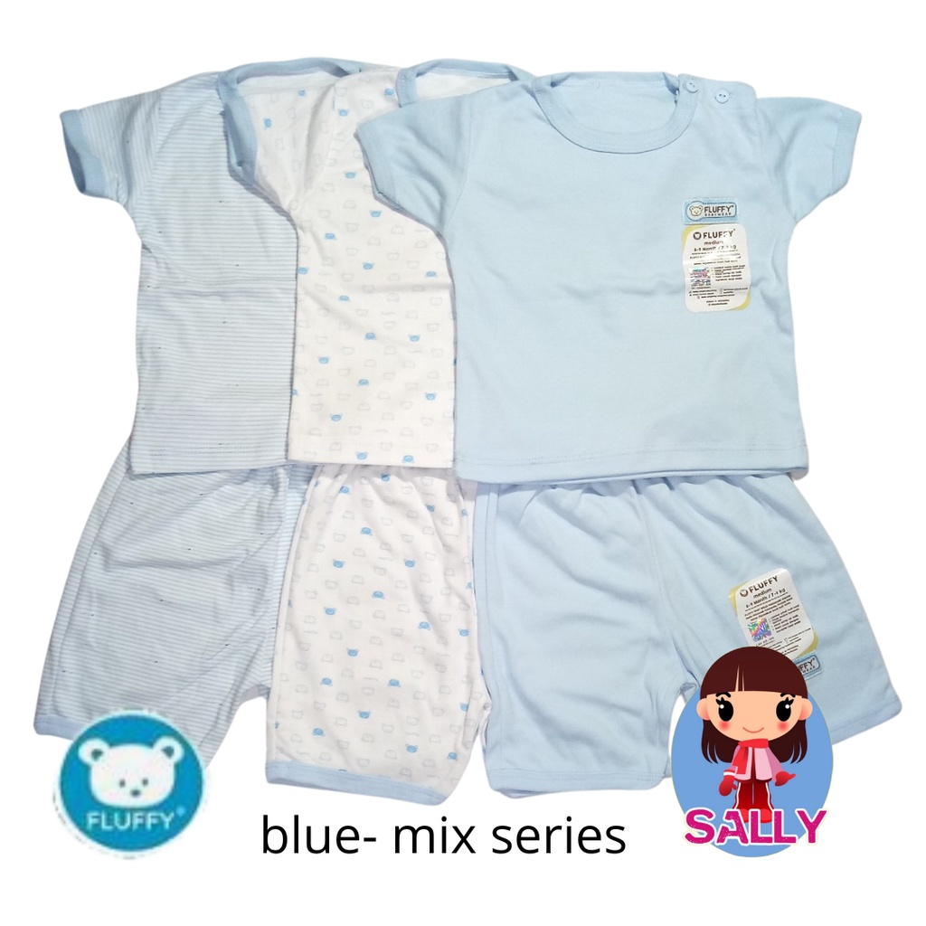Fluffy M - 3 Setelan Baju Bayi 6-9 Bulan Oblong Celana Pendek Motif Baby Laki Perempuan
