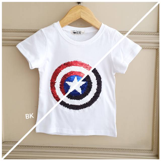 KAOS ANAK MOTIF CAPTAIN AMERICA RESERVE SEQUIN IMPORT TEBAL BAGUS MURAH