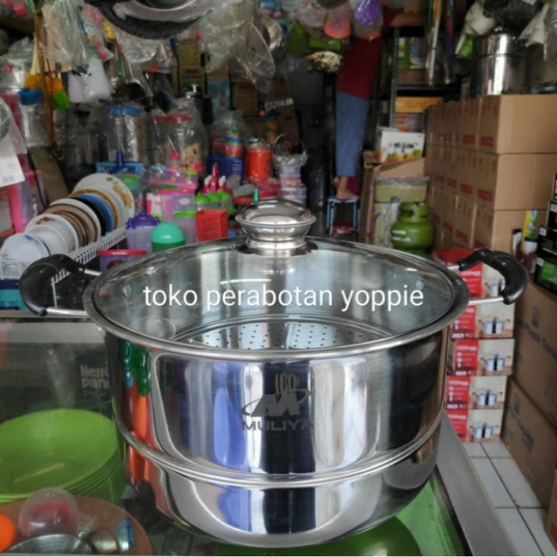 dandang stainless 28cm muliya - panci stainless - dandang stenlis - kukusan - steamer tutup kaca