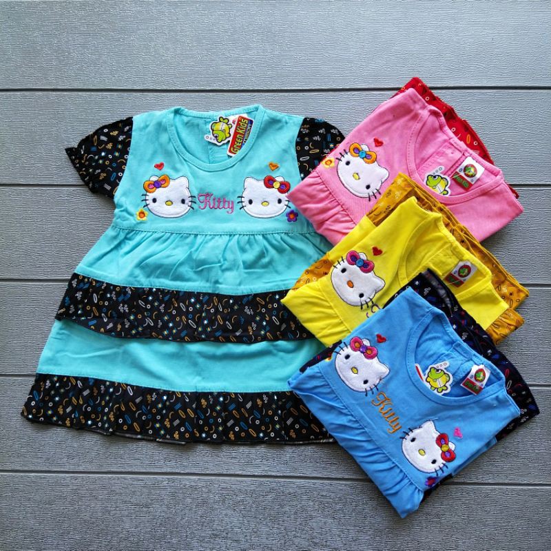 COD Dress Green kids Kitty usia 3-12 bulan baju anak perempuan / girl / cewek / kado murah lucu