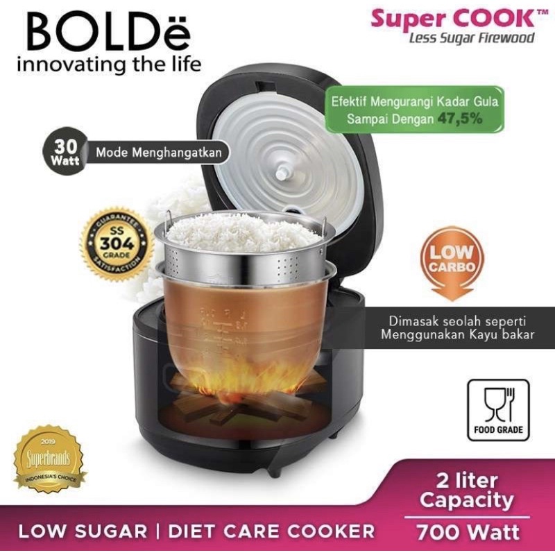 BOLDE SUPER COOK RICE COOKER LESS SUGAR FIREWOOD [2L] 100% ORI