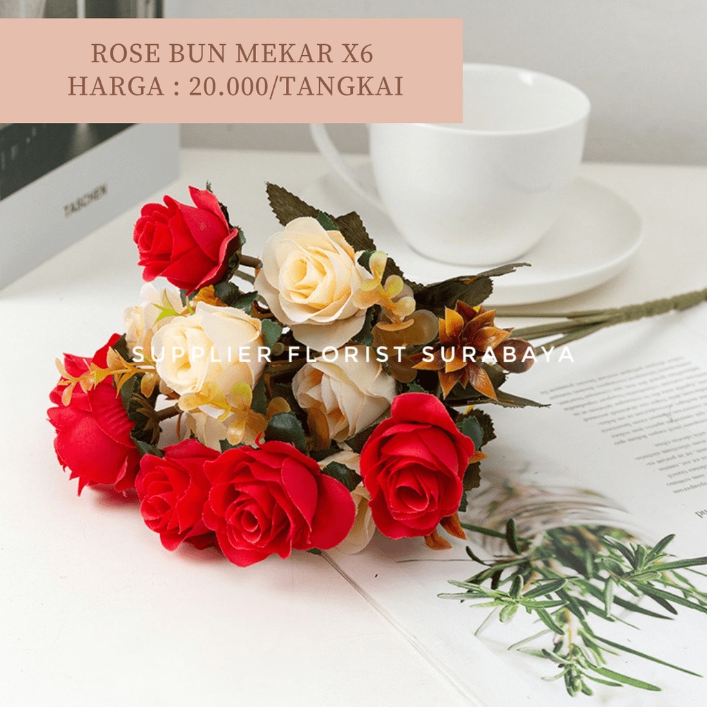 ROSE BUN MEKAR 1 TANGKAI CABANG 6 @2KEPALA, TOTAL 12 KEPALA BUNGA PALSU ARTIFICIAL FLOWER BUNGA MAINAN DIY FLORIST