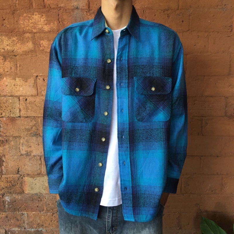 kemeja flanel wool outer dua saku motif veterano vintage