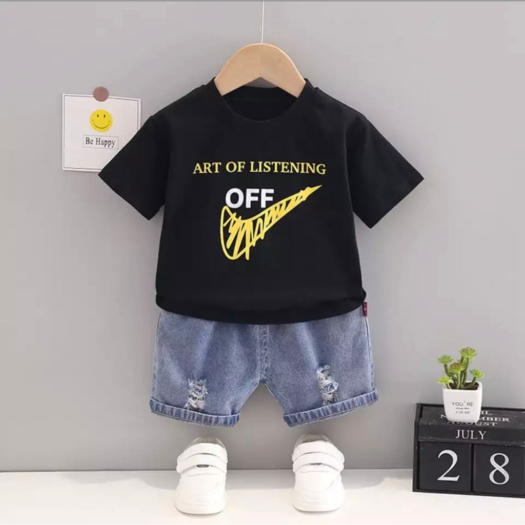 PROMO SETELAN BAJU ANAK TERBARU MOTIF LISTENING CELANA DENIM PENDEK 1-5 TAHUN SETELAN BAJU ANAK LAKI LAKI DAN PEREMPUAN TERBARUU