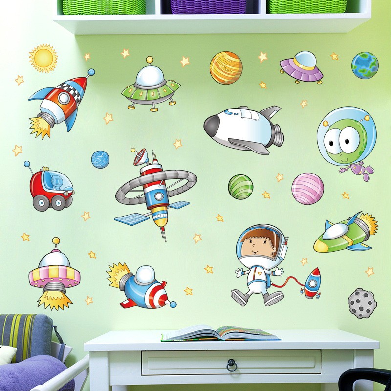 Reliza Wall Sticker Space Ship Planet Luar Angkasa Astronot Stiker Dinding LDR