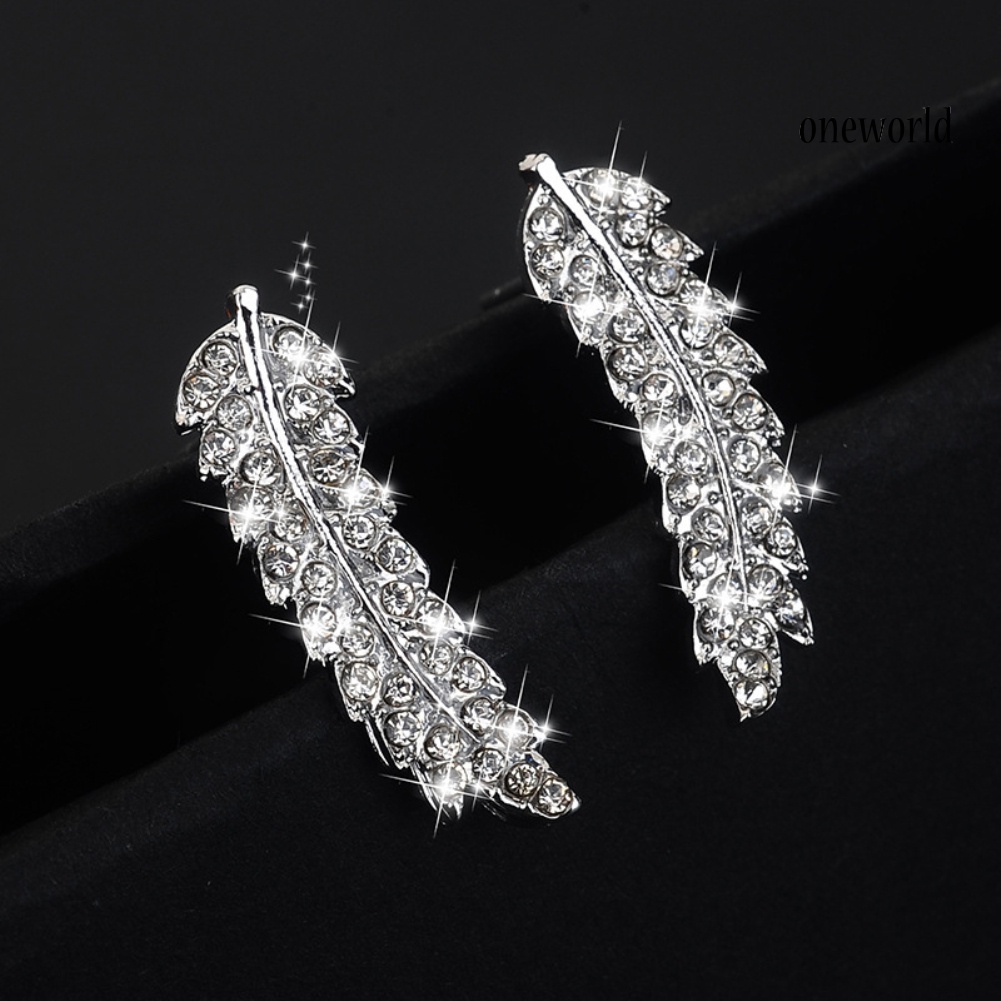 OW@ Women Full Rhinestone Inlaid Leaf Shape Stud Earrings Piercing Jewelry Gift