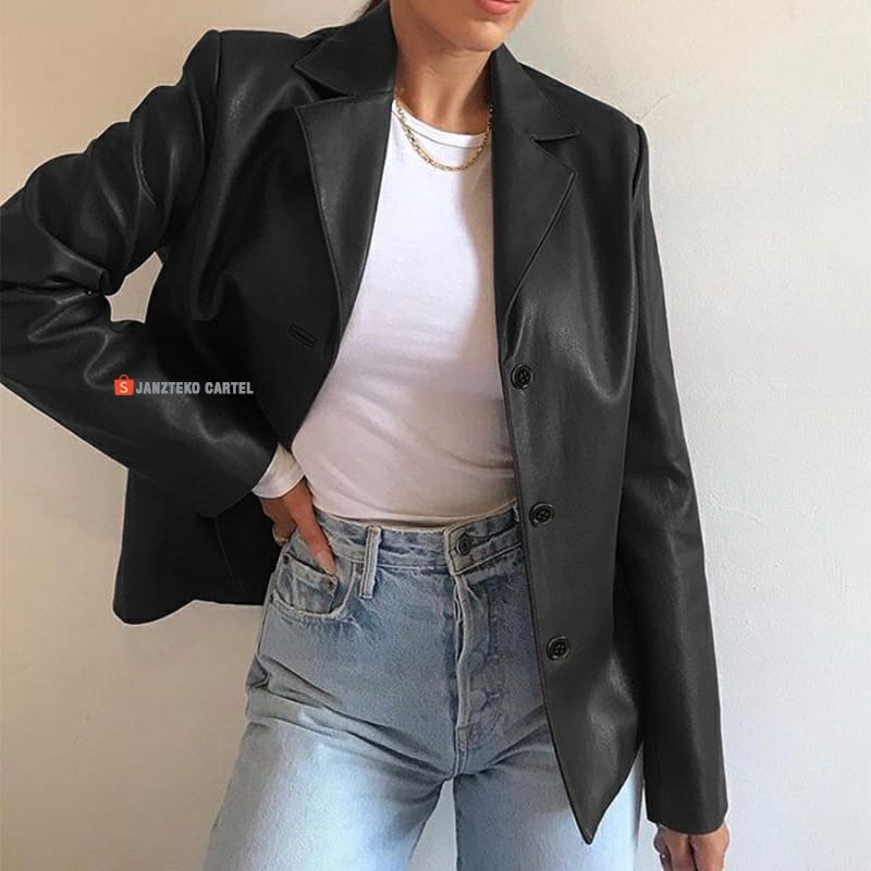 JNK x CALMIA - Kameja Blazer Oversize Women Girls Wanita Casual Bahan Kulit Sintetis Viena Grade A Premium Original Faux Synthetic Leather Jacket Fashion Coats Atasan Outer Jas Blezer Semi Formal Kemeja Korea OOTD Big Size Besar Lengan Panjang Kancing ORI