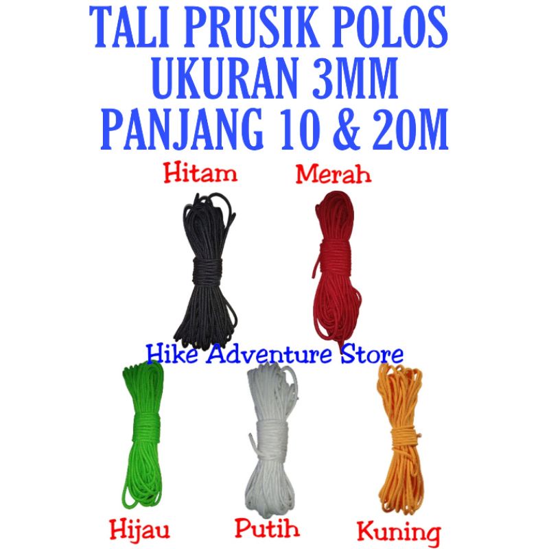 TALI PRUSIK POLOS UKURAN 3MM PER 10 &amp; 20M/ TALI PARACORD TALI TENDA CAMPING OUTDOOR
