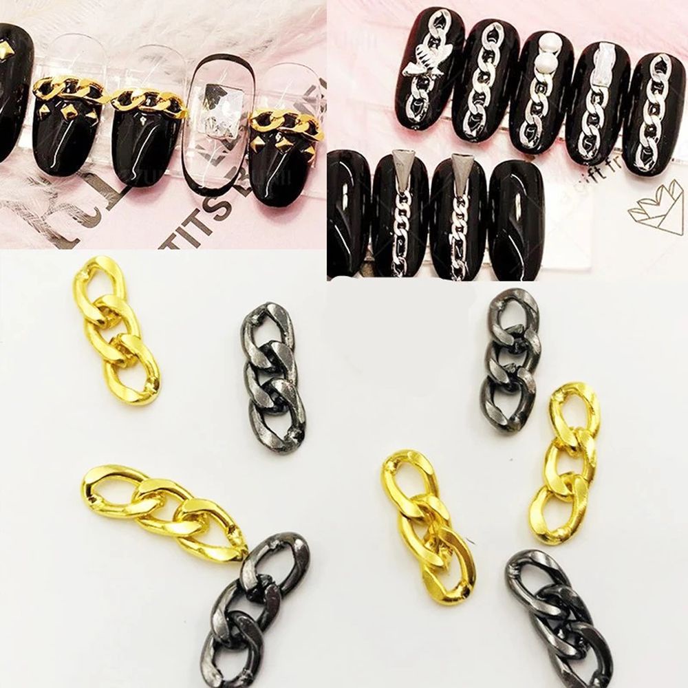 MXBEAUTY Girls Nail 3-Section Button Chains Fashion 3D Nail Art Decorations Nail Art Metal Chains Gold Silver Manicure Accessories Korean Black DIY Nail jewelry Nail Charms/Multicolor