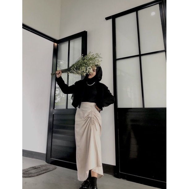 HIZA - Hanna Skirt | Korean Look | Rok Serut Casual | Rok Wanita Terlaris-Ivory