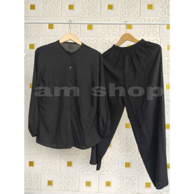 Pajamas Tangan Panjang / ONE SET PIYAMA OBLONG / SLEEPWEAR DAILY SET BEST SELLER RAYON POLOS PREMIUM-TPO HITAM