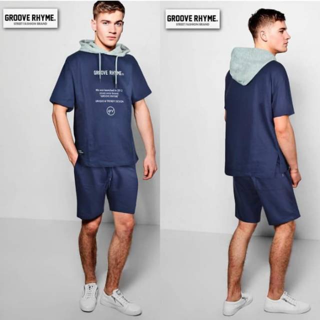baju kaos setelan pria navy hoodie groove rhyme