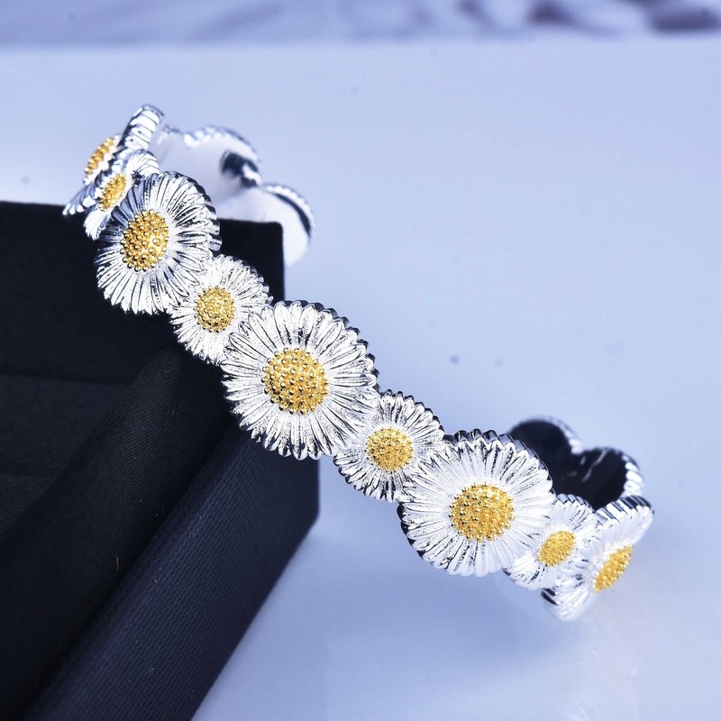 Italian Handmade Brushed Craft Vintage Daisy Palace Style 925 Silver Bracelet