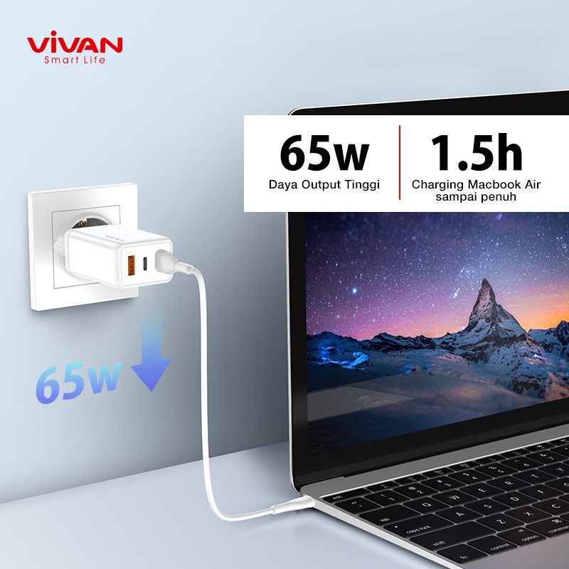 Charger VIVAN GaN01 65W 5A 3 Output PD QC3.0 QC4.0 Port Quick Charge - Garansi Resmi 1 Tahun