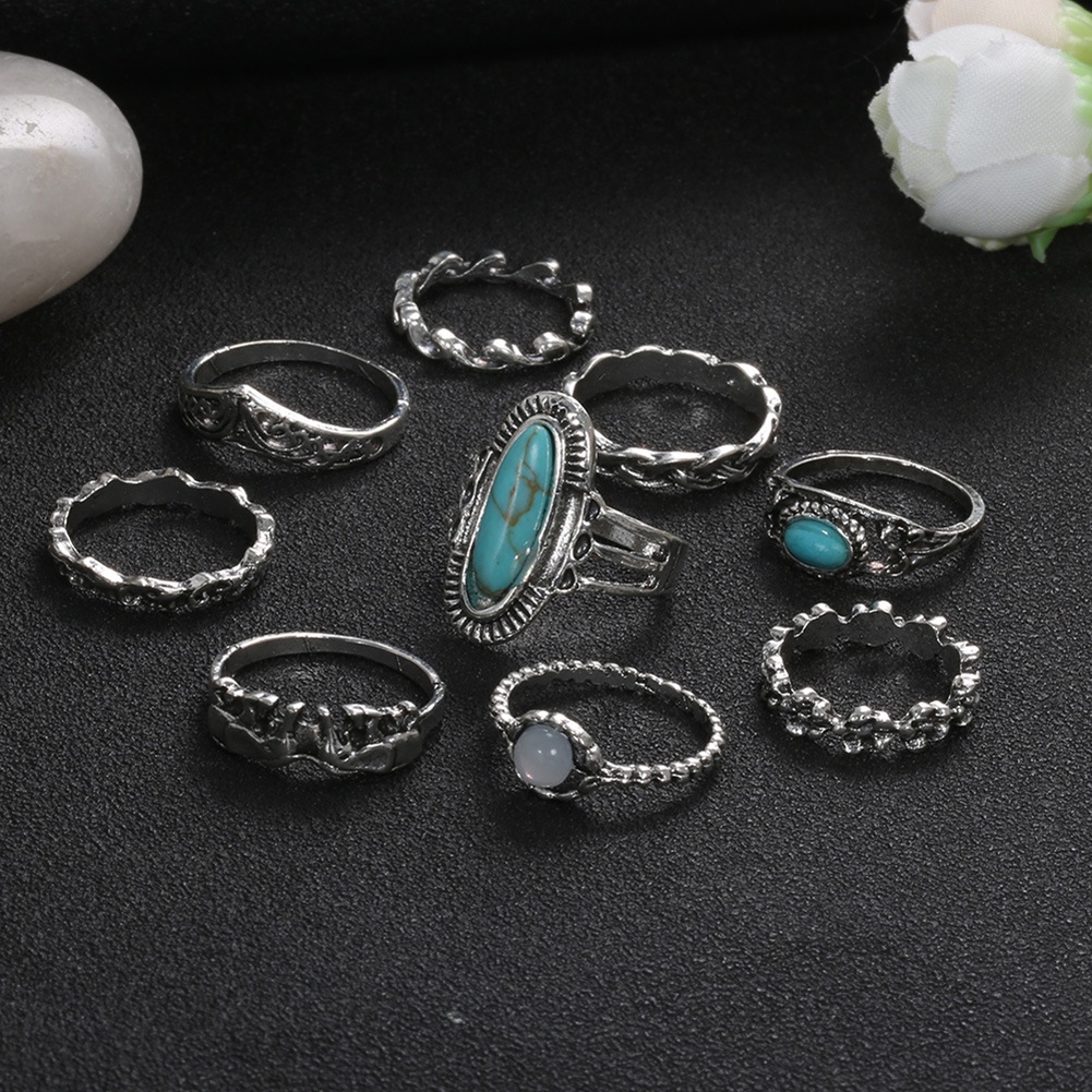 Hu Hu Hu Hu Hu Alat Bantu Pasang Kacamata♡ 9 Pcs / Set Cincin Jari Gaya Retro Bohemian Aksen Turquoise Imitasi Untuk Wanita