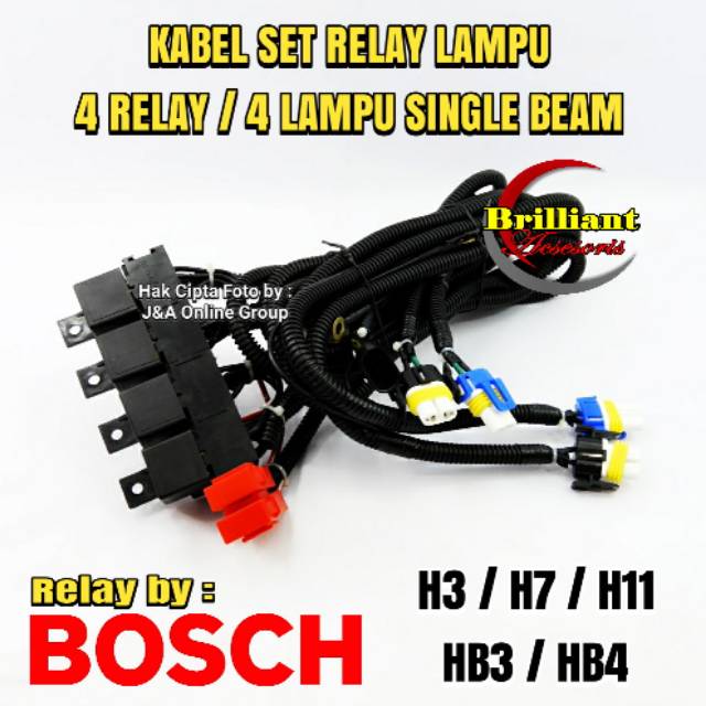 Kabel Set Relay Lampu Headlamp Mobil - 4 Relay for 4 Lampu - 4 Lampu Single Beam - H3 / H7 / H11  / Hb3 / Hb4