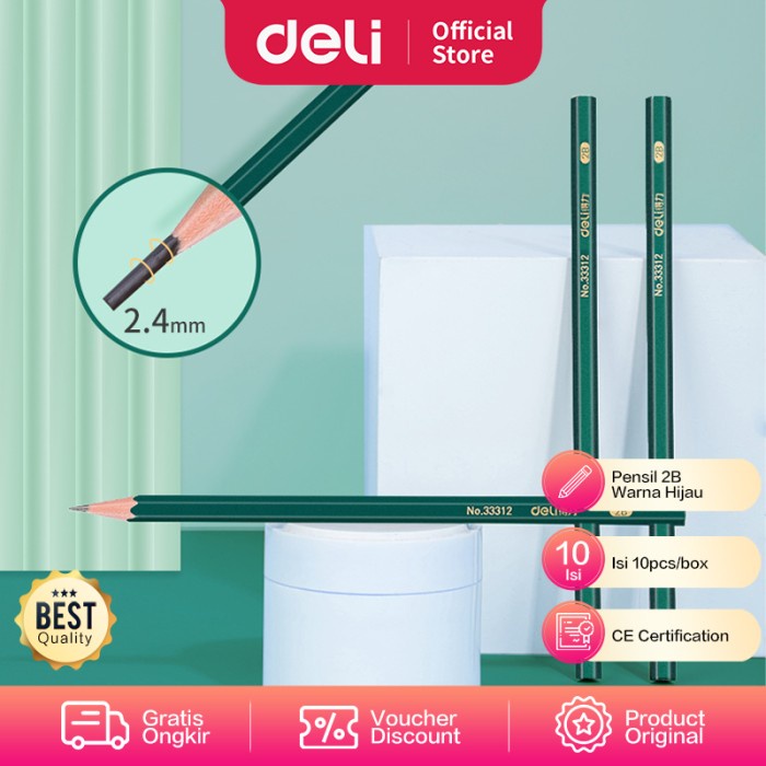 

Terlaris Deli 33312 green wooden pencil - 2B 10Pcs Green