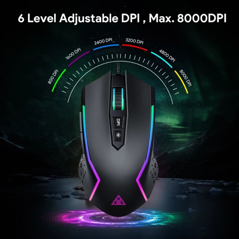 EKSA EM100 RGB Gaming Mouse Gamer USB Wired Gaming Mice 8000 DPI with 6 Color Backlight 7 Programmable Buttons for PC laptop