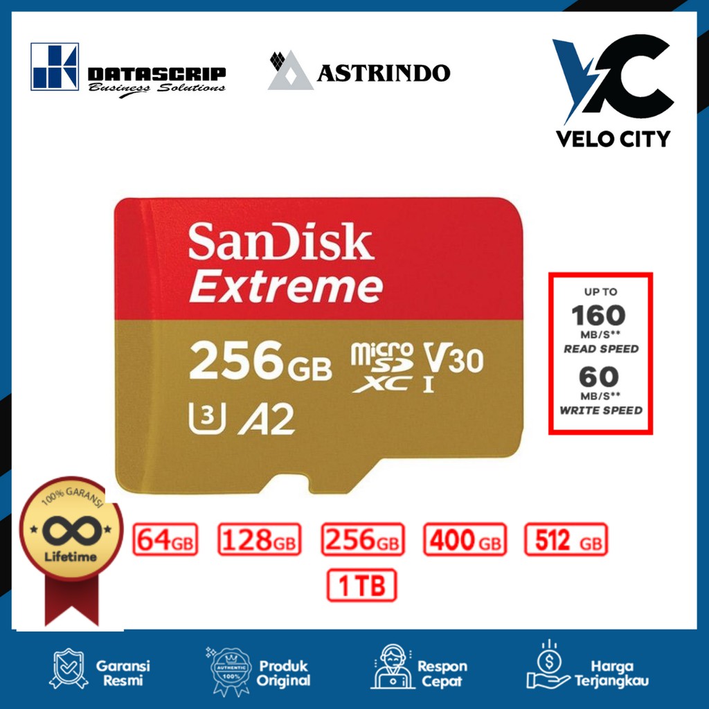 Memory Card Micro sd 256Gb Sandisk Class 10 160Mbps Extreme Original Garansi Seumur Hidup