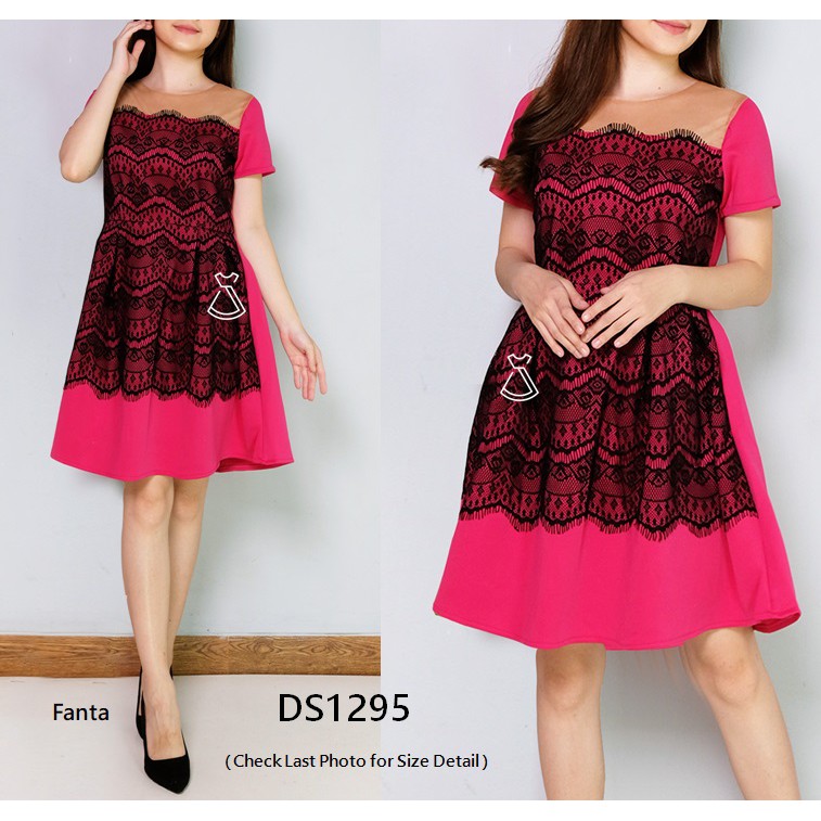 DS1295 - DRESS PESTA MIDI FLARE WANITA LACE SCUBA DRESS NATAL MODERN GROSIR MURAH