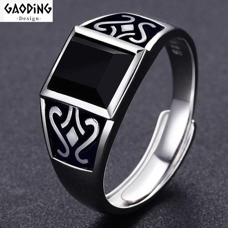 Cincin Pria Model Terbuka Lapis Silver Hias Permata Hitam Gaya Hip Hop Adjustable Untuk Pestahadiah