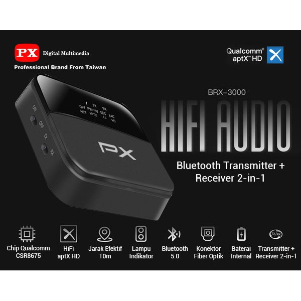 Bluetooth reciever &amp; transmitter audio 5.0 PX BRX-3000 - Reciever bluetooth audio transmitter