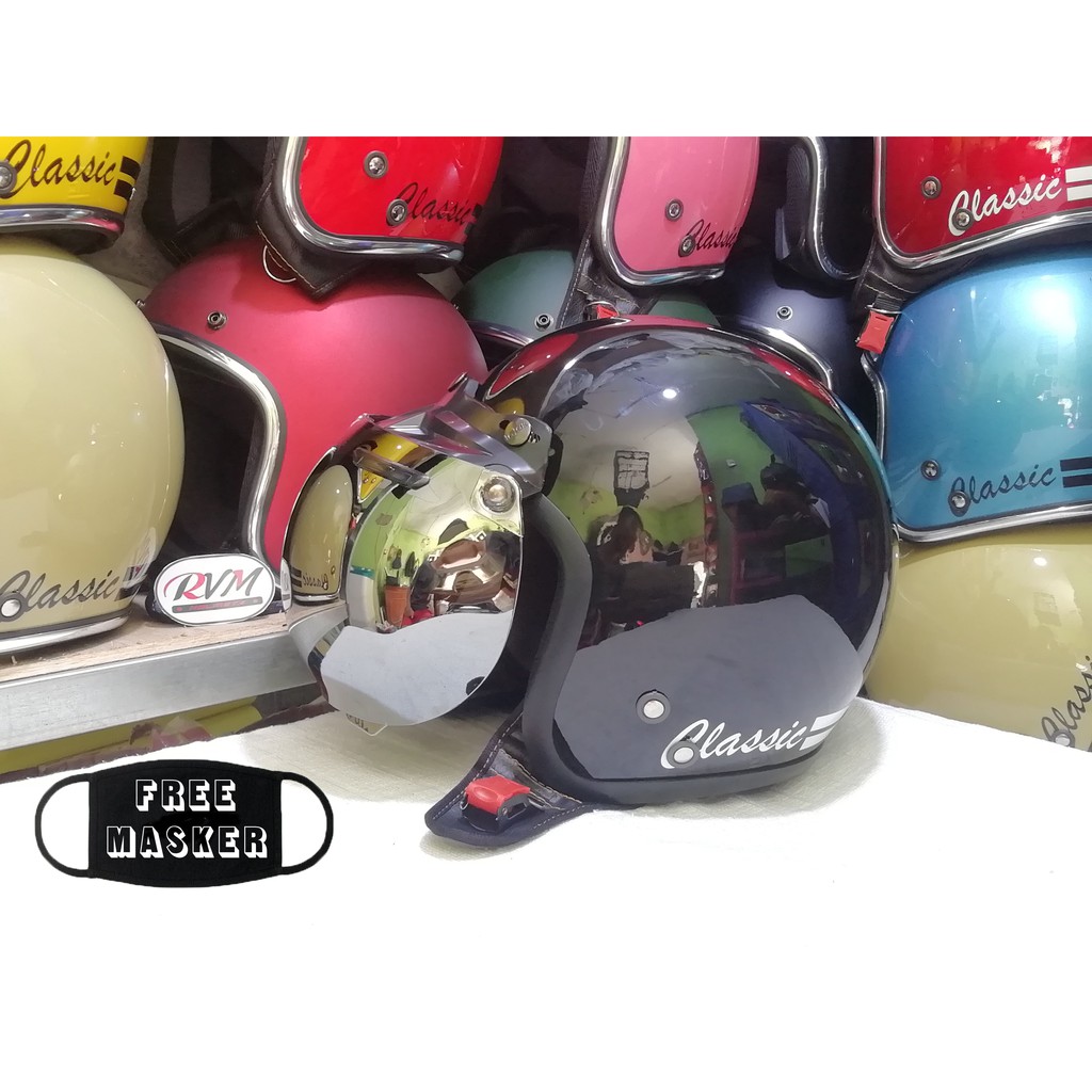 HELM BOGO CLASSIC DEWASA HITAM KACA KACA CEMBUNG SILVER