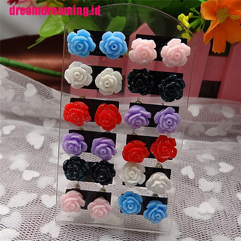 12 Pasang Anting Tusuk Motif Bunga Mawar Warna Campur Untuk Wanita