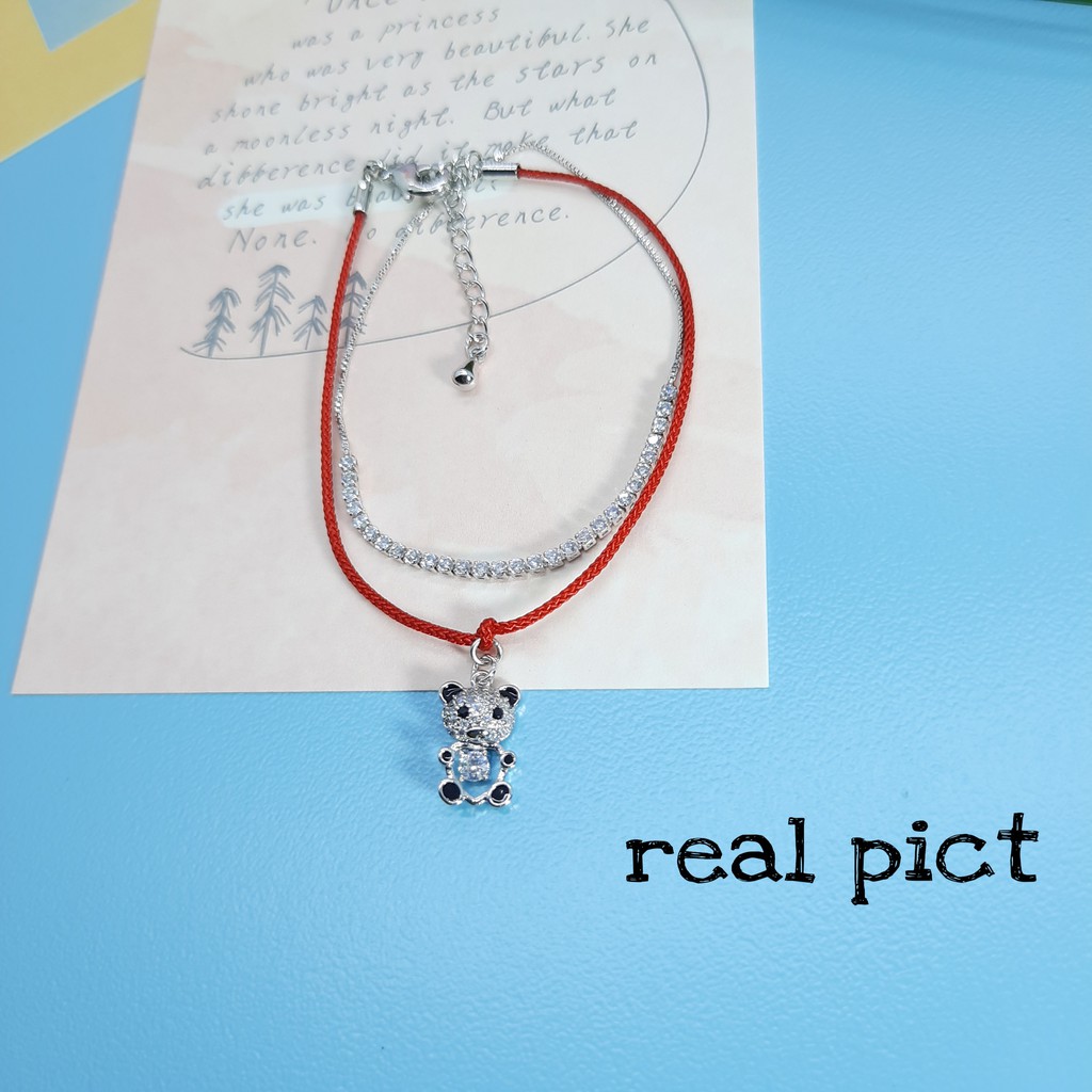 Gelang Tali Merah dan Serut Model Tali Teddy Bear Dengan Mata Zirkon Baris Plated 18K