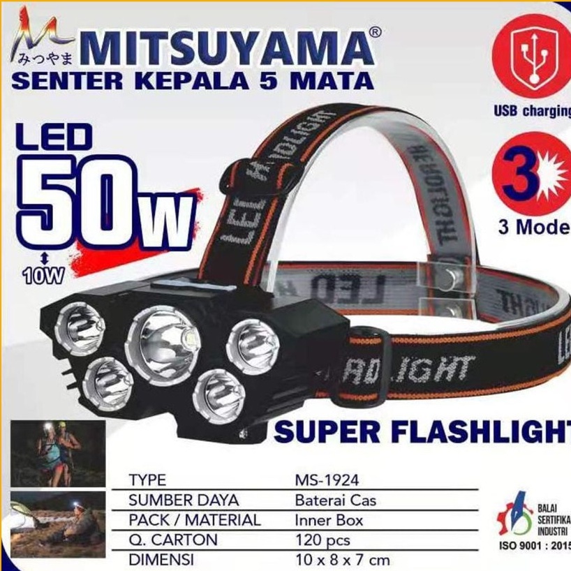 Promo Terbaru!!! Senter Kepala Mitsuyama MS-1924 Senter Kepala 50W 5 LED Batrai awet dan tahan lama