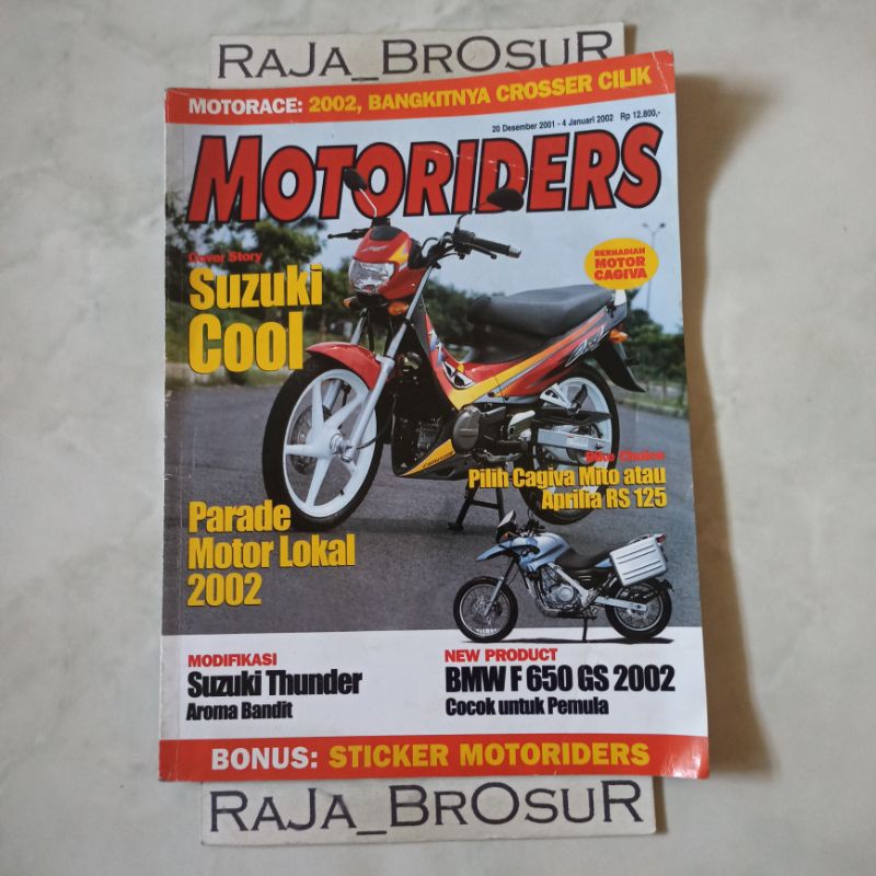 Majalah/Buku jadul lawas MOTORIDERS edisi 20 Desember 2001 - 4 Januari 2002 berisi Iklan motor Suzuk