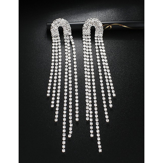 LRC Anting Tusuk Fashion Silver Diamond Tassel Multi-row Earrings F42726