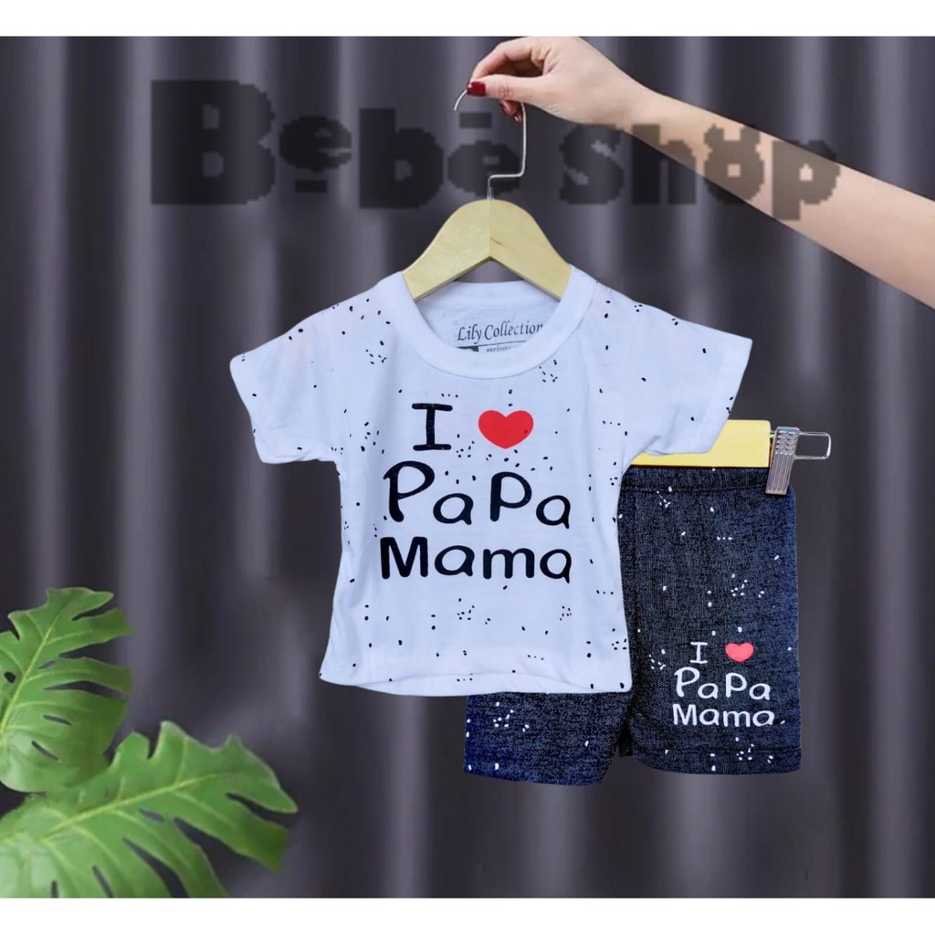 Setelan Baju Kaos Anak  l ove Mama Papa Usia 0 Sampai 2 Tahun