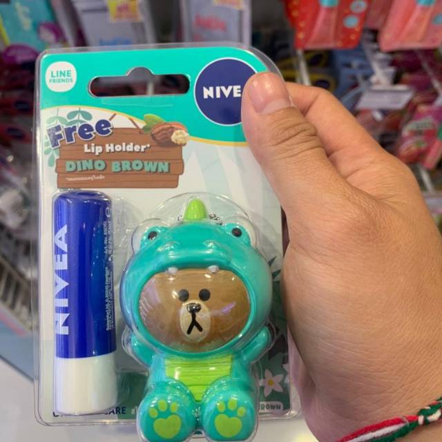 NIVEA x LINE FRIENDS LIP BALM ORIGINAL FREE LIP HOLDER DINO BROWN LIMITED EDITION