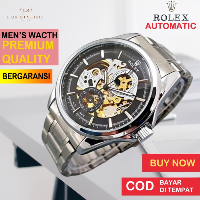 Jam Tangan Pria Jam Tangan cowok Otomatis Mesin Transparan Simpel Mewah Kinetik Automatic Silver