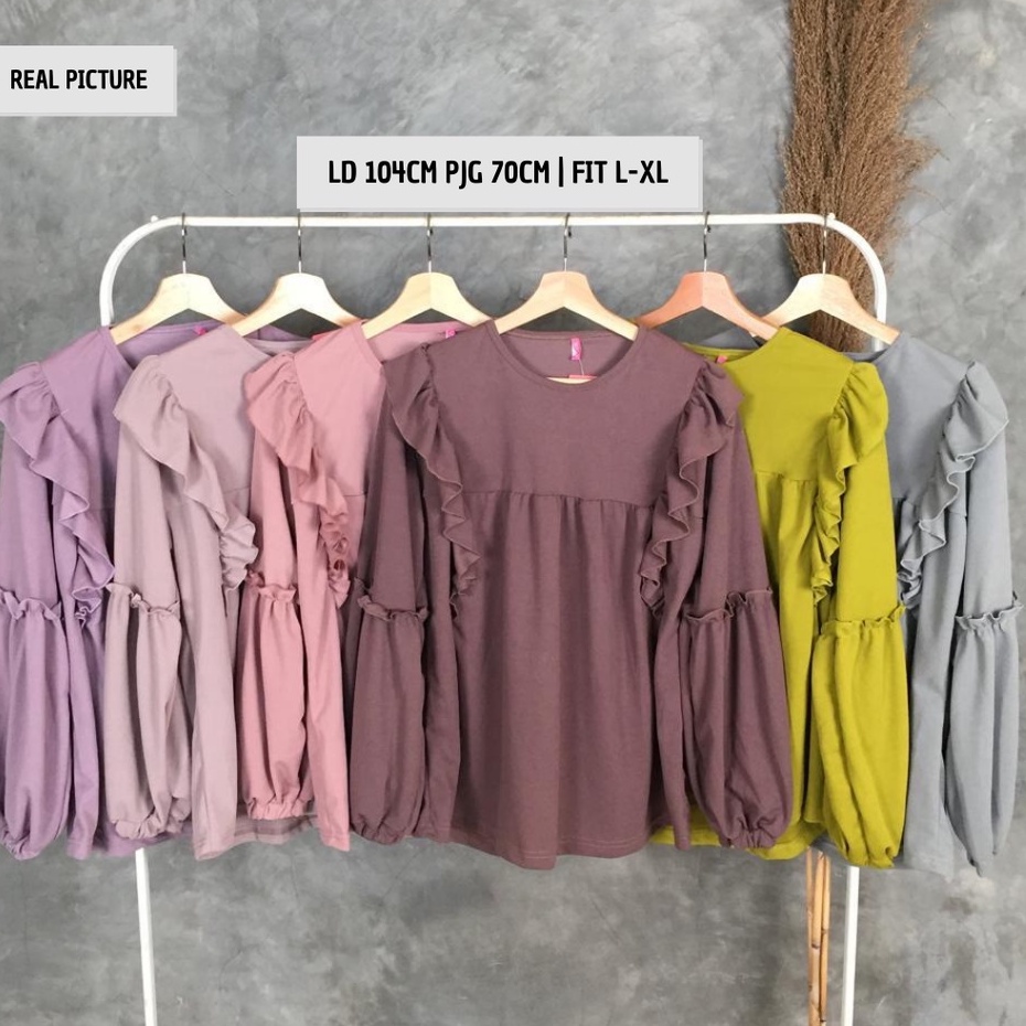 Blouse Wanita Lengan Panjang Kekinian Rumbai Gina LD 106cm Pjg 70cm FIt XL-XXL-Abu Mint