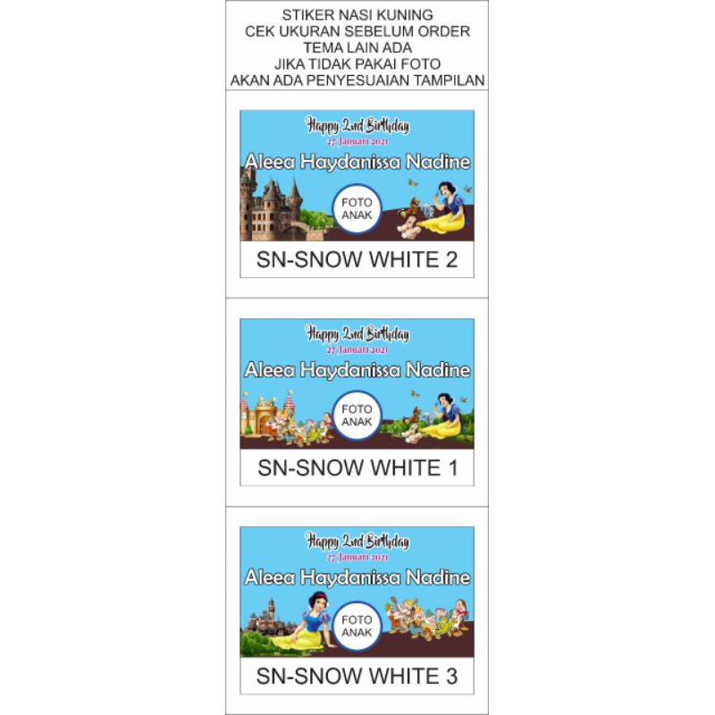 

STIKER NASI KUNING / NASI BOX / KFC STIKER ULTAH BIRTHDAY AQIQAH TASYAKURAN SNOW WHITE / PUTRI SALJU