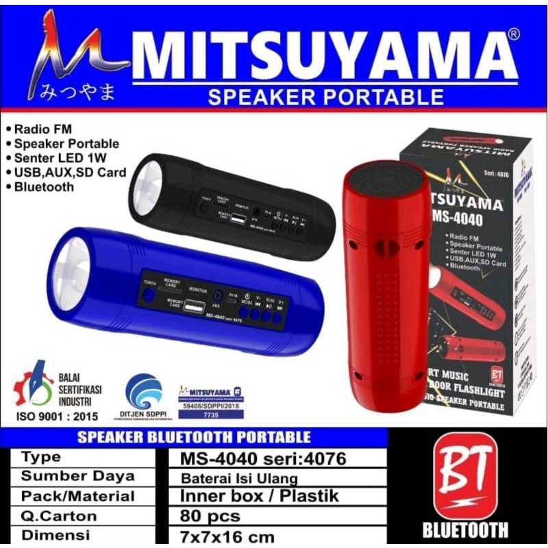Speaker Portable Bluetooth Dan Senter Mitsuyama MS 4076/RadioFM/Senter Led/