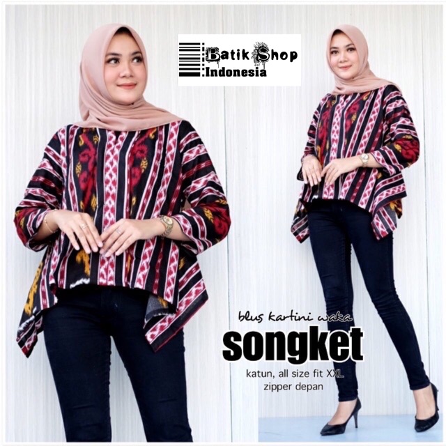 Blus Kartini Songket Batik Modern Tenun Atasan Kebaya Kondangan Blouse Kerja Kantoran Muslim Waka Sayap Baju Tenun Troso Motif Print