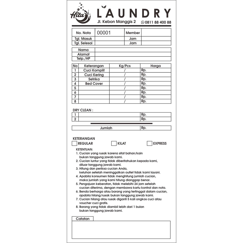 

BUKU NOTA LAUNDRY NCR 3PLY 1 WARNA, NOMERATOR