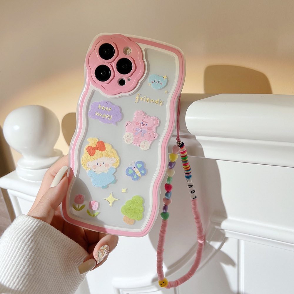 Case Pelindung Transparan Motif Kartun Perempuan Bunga Dengan Rantai Hati Pink Untuk Iphone 11 8 7 Plus SE2 XS XR 12 13 Mini PRO MAX