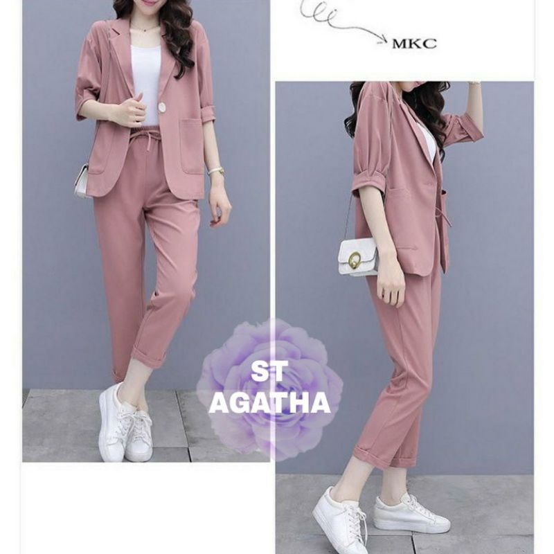 Setelan Agatha Blezer One Set Wanita Trendy Kekinian Cantik Polos Terbaru 2021 Setcel Casual Modis