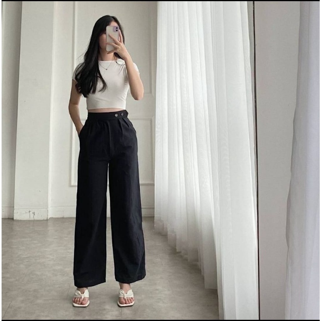 Celana Kulot Linen Highwaist Premium 2240 Side Button - Cullote Pants - Celana Kulot Linen Wanita