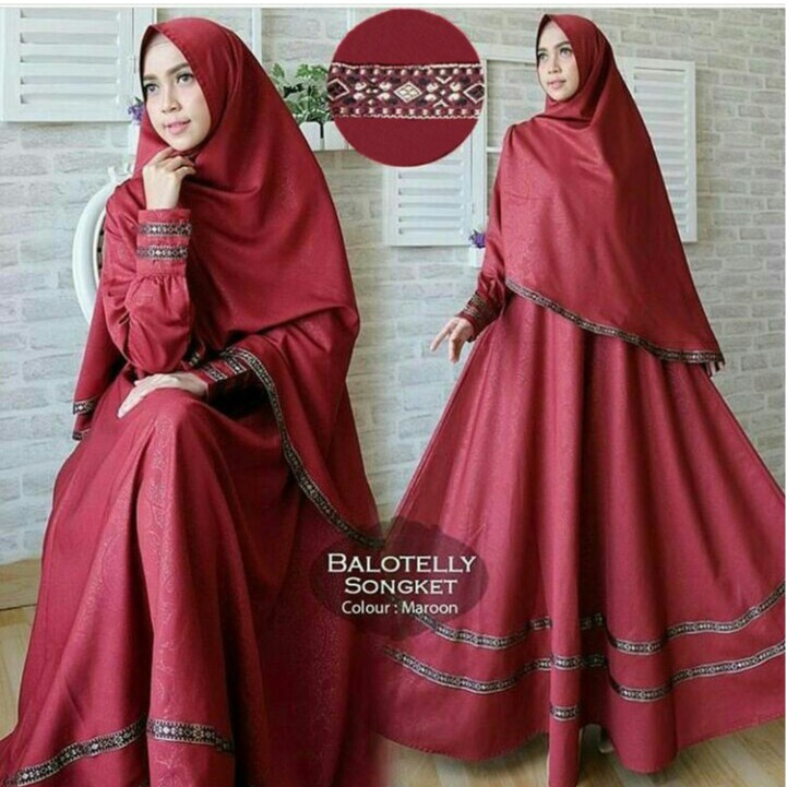 HOPYLOVY - Gamis Maxi Dress List Pita Songket Anisa Syari + Bergo