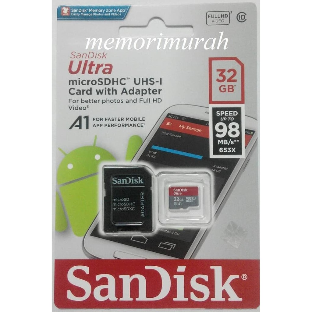 SanDisk Ultra A1 Micro SD Card 32gb 98MBps Class 10 - Garansi Resmi