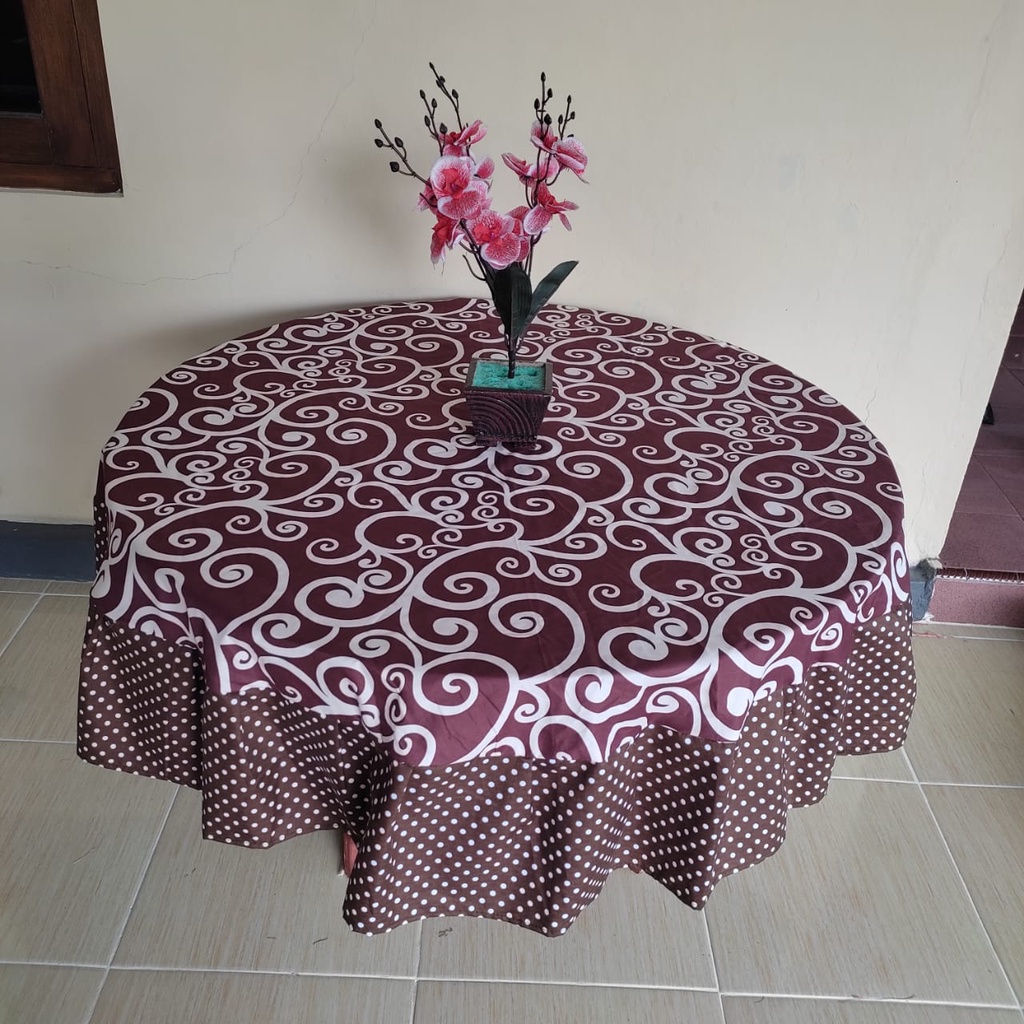 Taplak Alas Cover Meja Bentuk Bulat Kain Katun Model Rumbai Diameter 150 cm Aneka motif Dan Warna Dekorasi Rumah Minimalis