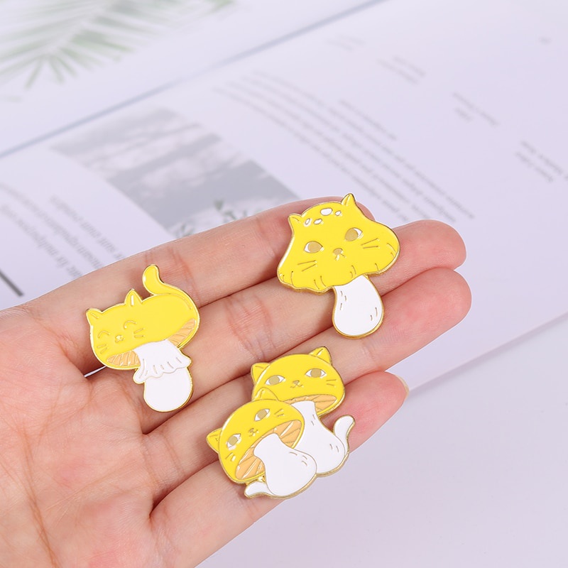 Cat Face Yellow Mushroom Enamel Pins Cute Animals Plants Brooch Lapel Badge Bag Cartoon Jewelry Gift for Friends