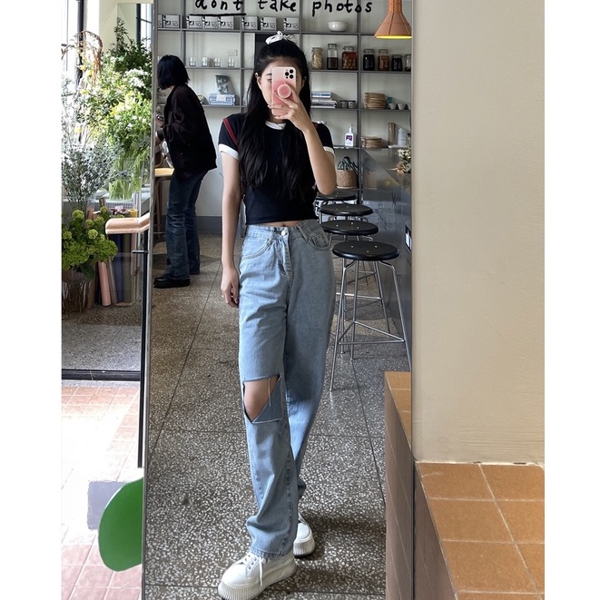 New biru kekinian high waist ripped  boyfriend celana jeans panjang wanita